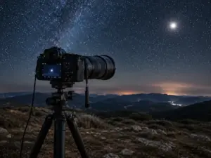 Attrezzatura fotografica professionale con teleobiettivo su treppiede pronta per riprendere la Luna.