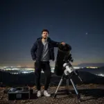 Un appassionato di astronomia accanto al proprio telescopio durante un'osservazione del cielo notturno.