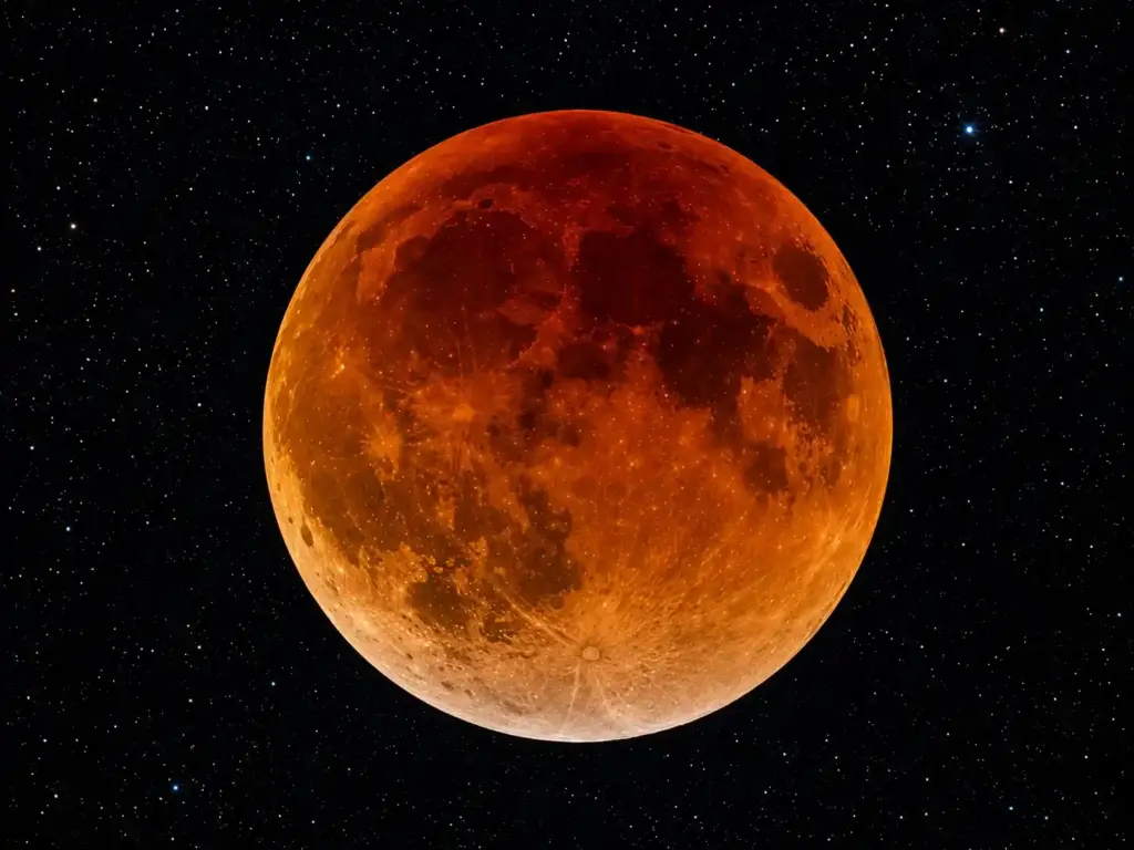 Fotografia ravvicinata di un'eclissi lunare totale o Luna di Sangue con dettagli dei crateri e cielo stellato.