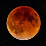 Fotografia ravvicinata di un'eclissi lunare totale o Luna di Sangue con dettagli dei crateri e cielo stellato.
