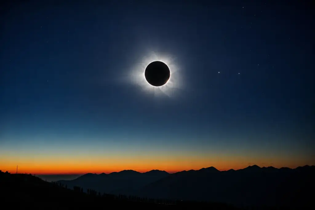 Fotografia realistica di un'eclissi solare totale con la corona argentea visibile nel cielo crepuscolare.