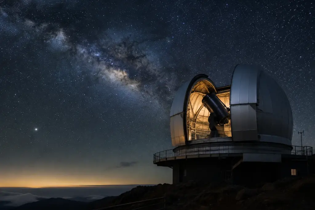 Osservatorio astronomico moderno con un telescopio puntato verso il cielo stellato notturno.
