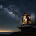 Osservatorio astronomico moderno con un telescopio puntato verso il cielo stellato notturno.