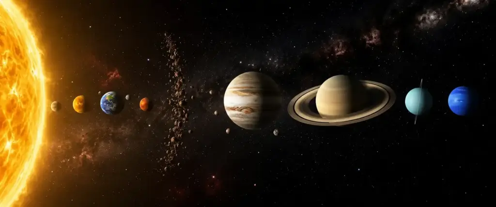 Rappresentazione realistica e panoramica del Sistema Solare con il Sole e gli otto pianeti in ordine, dalla Fascia principale degli asteroidi a Nettuno.
