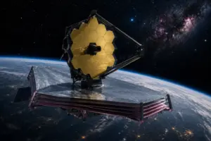 Telescopio spaziale in orbita attorno alla Terra nello spazio profondo con nebulose sullo sfondo.
