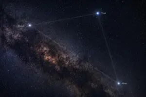 Primo piano del Triangolo Estivo e delle sue stelle brillanti sullo sfondo della Via Lattea.