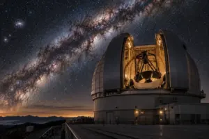 Osservatorio astronomico moderno con telescopio avanzato sotto il cielo stellato.