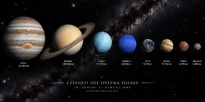 Tutti gli otto pianeti del sistema solare in scala di grandezza e diametro.