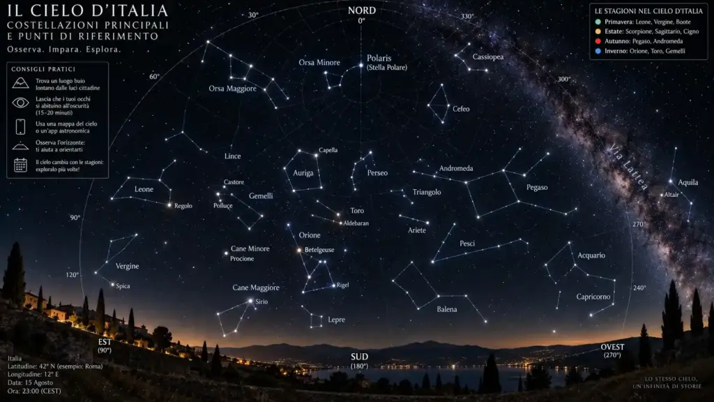 Guida pratica e mappa astronomica per riconoscere le costellazioni nel cielo notturno dall'Italia.