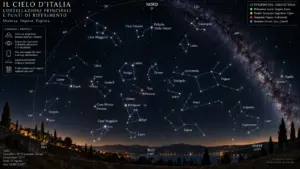 Guida pratica e mappa astronomica per riconoscere le costellazioni nel cielo notturno dall'Italia.