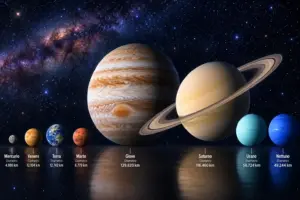 Confronto visivo tra i pianeti rocciosi e i giganti gassosi del sistema solare nello spazio.