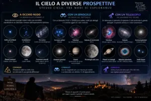 Schema infografico che confronta l'osservazione astronomica a occhio nudo, con binocolo e telescopio