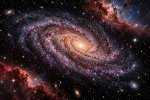 Immagine panoramica dell'universo profondo con galassia a spirale e nebulose colorate.