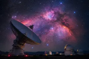 Telescopio avanzato puntato verso una magnifica nebulosa colorata nello spazio profondo.