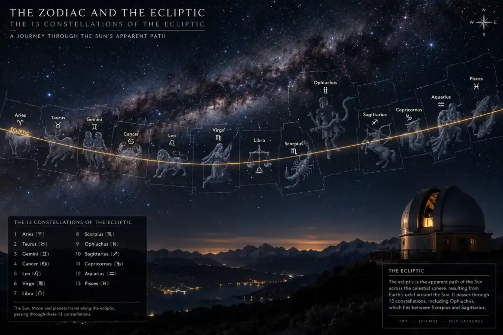 Mappa astronomica scientifica delle 13 costellazioni dello zodiaco lungo il piano dell'eclittica.