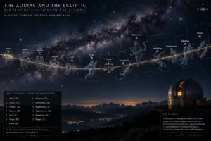 Mappa astronomica scientifica delle 13 costellazioni dello zodiaco lungo il piano dell'eclittica.