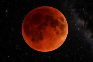 Fotografia realistica di un'eclissi lunare totale con la Luna rossa e ramata nello spazio