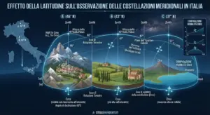 Schema astronomico ed educativo che mostra l'influenza della latitudine geografica sulla visibilità delle costellazioni in Italia