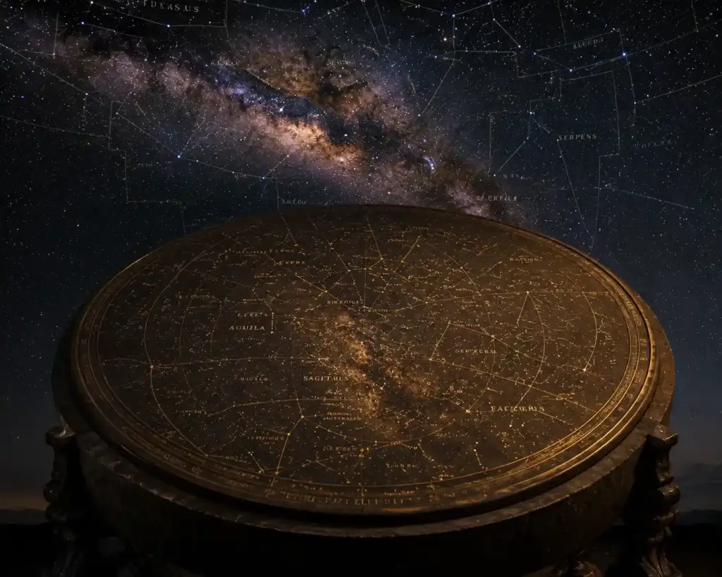 Mappa della sfera celeste e delle costellazioni ufficiali nel cielo notturno stellato.