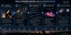 Il flusso di lavoro nella ricerca astronomica: dal telescopio all'analisi dei dati e ai modelli fisici.