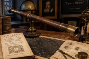 Antico telescopio e carte celesti storiche che ricordano le osservazioni di Galileo Galilei.