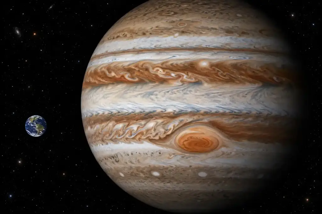 Confronto dimensionale realistico tra il pianeta Giove e la Terra nello spazio profondo.