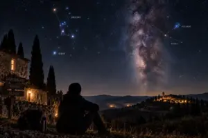Principiante che osserva il cielo stellato a occhio nudo in un luogo buio in Italia