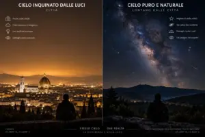 Confronto visivo tra inquinamento luminoso urbano e cielo notturno buio e incontaminato