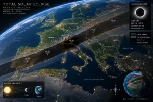 Mappa del percorso di totalità dell'eclissi solare in Italia e in Europa.
