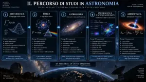 Infografica del piano di studi universitario in astronomia: dalla matematica all'astrofisica.