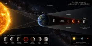 Schema geometrico dell'allineamento tra Sole, Terra e Luna durante l'eclissi con umbra e penombra.