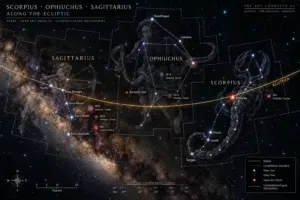 Dettaglio della mappa celeste con la costellazione di Ofiuco tra lo Scorpione e il Sagittario.