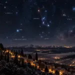 Scolpito e brillante cielo notturno in Italia con le principali costellazioni invernali visibili in primo piano