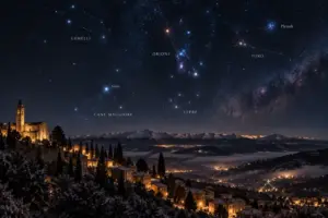 Scolpito e brillante cielo notturno in Italia con le principali costellazioni invernali visibili in primo piano