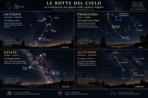 Infografica con i quattro percorsi stagionali per imparare a riconoscere le costellazioni in Italia.