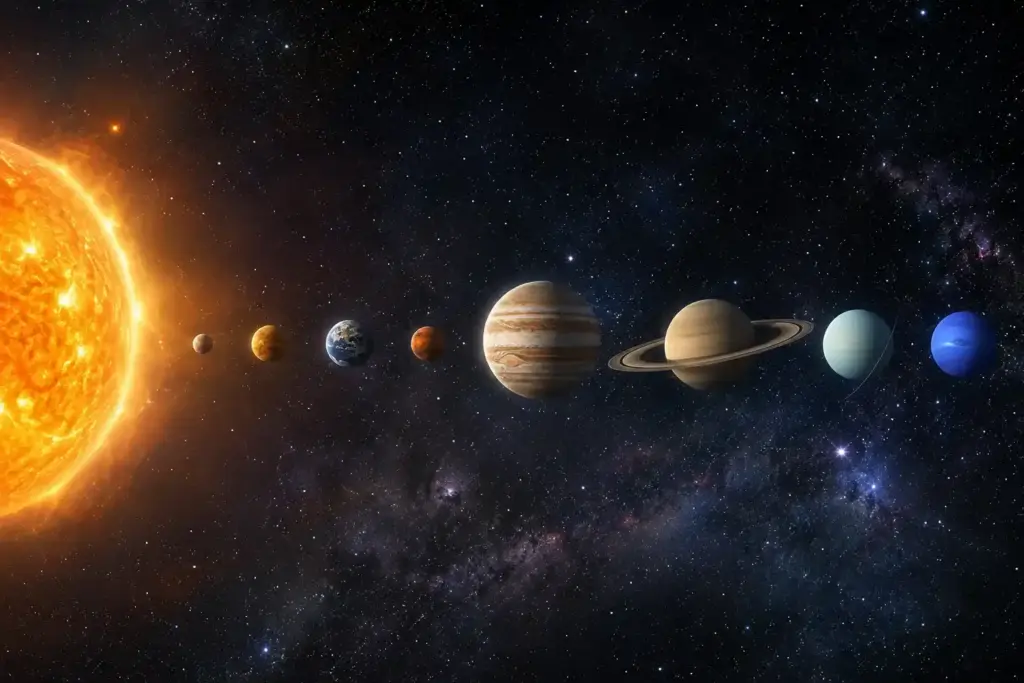 Illustrazione fotografica realistica dell'ordine dei pianeti del sistema solare dal Sole a Nettuno.