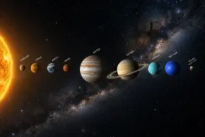 Illustrazione fotografica realistica degli otto pianeti del sistema solare e del pianeta nano Plutone.