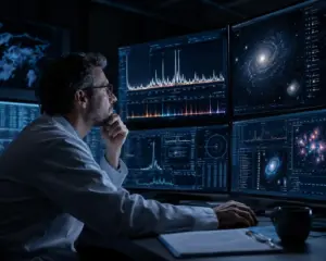 Astronomo al lavoro in un centro di controllo moderno ad analizzare dati e spettri celesti.