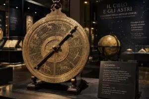 Antico strumento astronomico storico e mappa delle origini dell'astronomia.