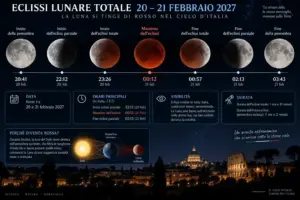 Timeline e orari dell'eclissi lunare del 20-21 febbraio 2027 in Italia.